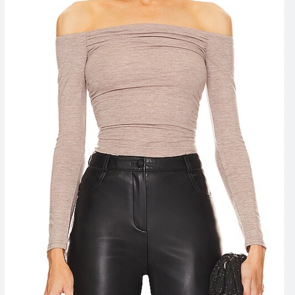 Michael Costello x Revolve Jace Off The Shoulder Bodysuit Taupe Size M
